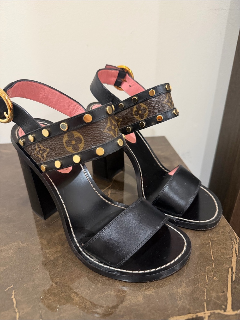 Louis Vuitton Black Leather Heeled Sandals with Monogram Studded Straps - Picture 2 of 5